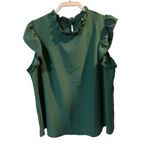 NWT SHEIN Womens Plus 1XL Dark Green Ruffled Mock Neck Top Textured Casual Chic